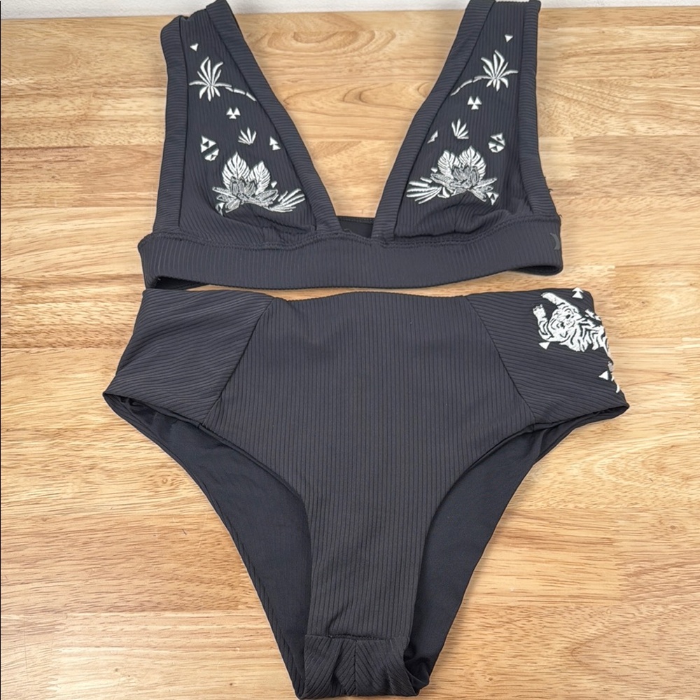 Hurley Black Bikini set with Floral and tiger Embroidery